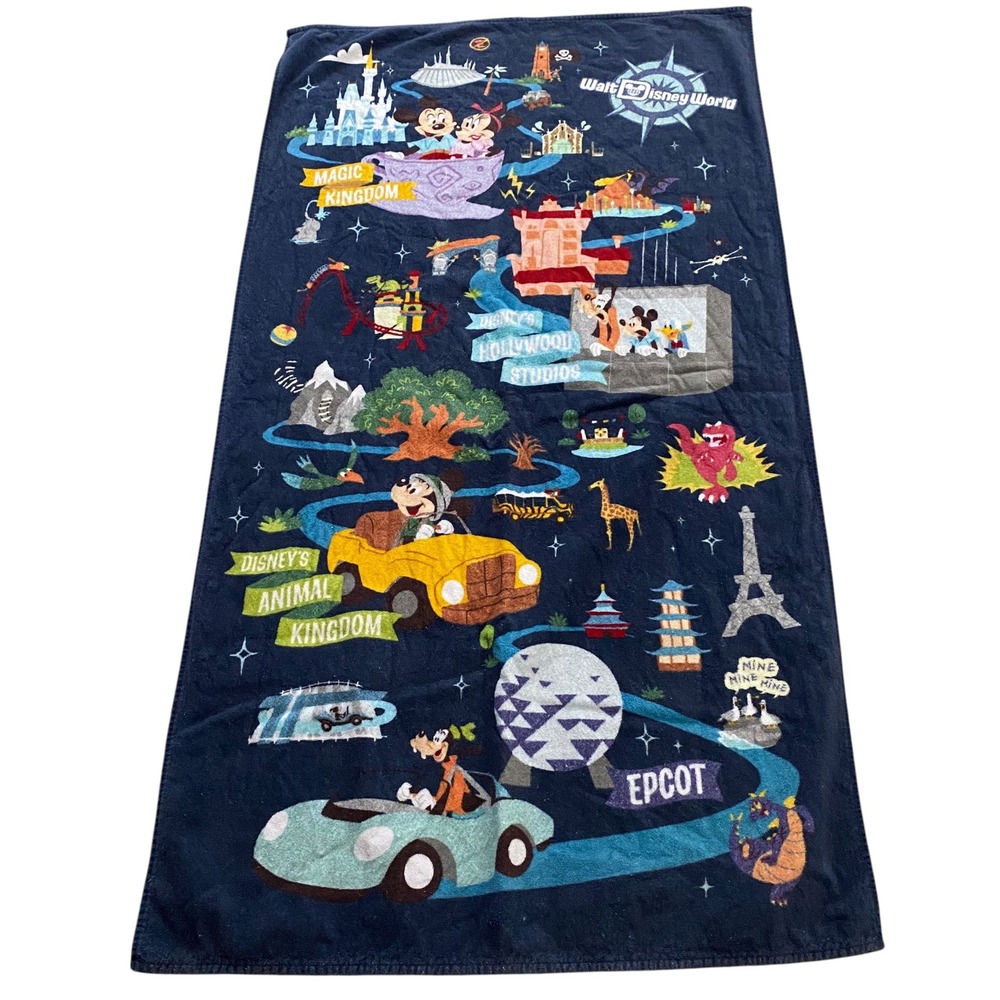 Disney Parks Walt Disney World Theme Park Map Navy Blue Cotton Beach Towel 56x30